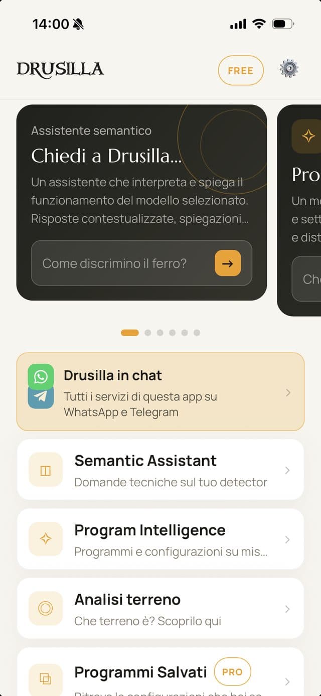 La home dell’app Drusilla con l’invito ai canali chat