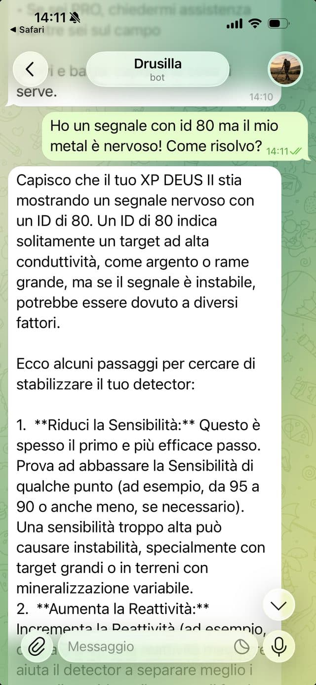 Conversazione Telegram: un segnale instabile con ID 80 e i passaggi per stabilizzare il detector